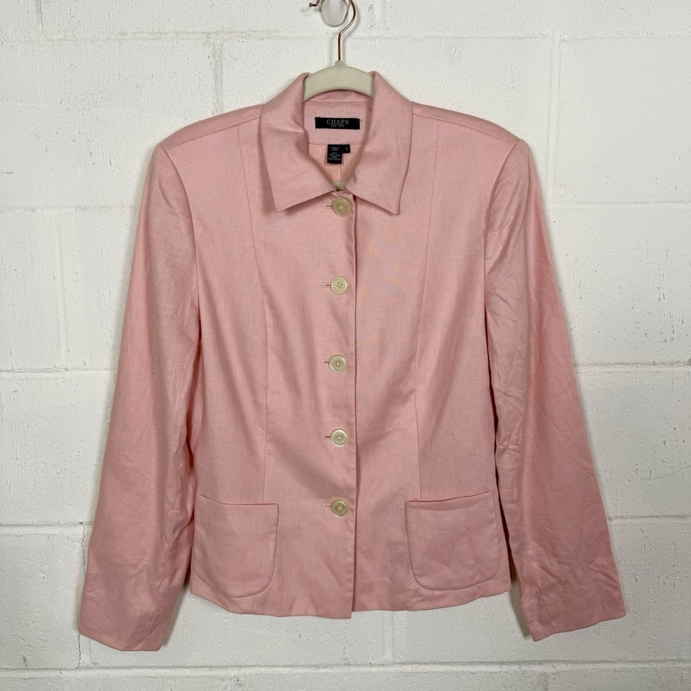 VTG‎ Chaps 100% Linen Button Up Blazer Lined Pink Fitted Old Money Career SZ 12